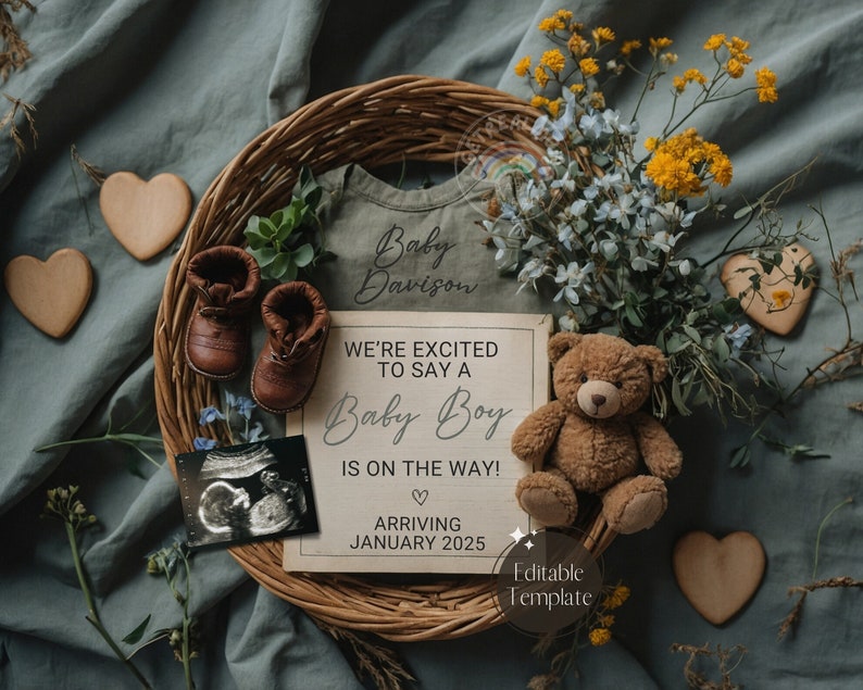 May include: A baby announcement card with a brown teddy bear, baby booties, and an ultrasound image. The card reads "We're excited to say a Baby Boy is on the way! Arriving January 2025".