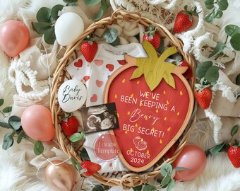 Summer Strawberry Pregnancy Announcement, Berry Baby Reveal, Sweet Little Secret, Digital Boho Gender Neutral Baby Reveal, Editable Template