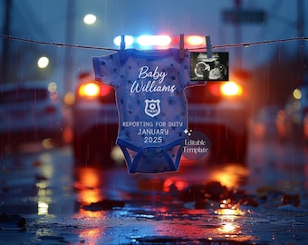 Revelación de bebé policía, Anuncio de embarazo de oficial digital, respaldo en camino, Policía de aplicación de la ley, Revelación de género en redes sociales, Editable