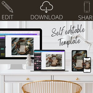 May include: A mockup of a self-editable template displayed on a computer screen, tablet, and phone. The template features a rustic design with a wreath, baby shoes, and a card that says "Baby Boy".