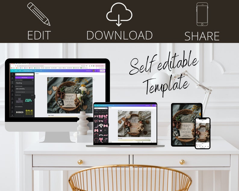 May include: A mockup of a self-editable template displayed on a computer screen, tablet, and phone. The template features a rustic design with a wreath, baby shoes, and a card that says "Baby Boy".