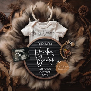 Neutral Hunting Pregnancy Announcement, Boho Hunter Baby Announcement, It's a Boy, Digital Social Media Reveal, Edit Template Hunting Buddy