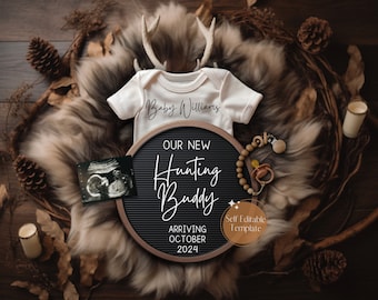 Neutral Hunting Pregnancy Announcement, Boho Hunter Baby Announcement, It's a Boy, Digital Social Media Reveal, Edit Template Hunting Buddy