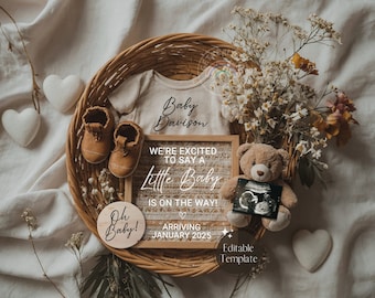 Simple Neutral Pregnancy Announcement Digital, Gender Neutral Boho Baby Announcement, Minimalist Editable Template, Social Media Baby Reveal