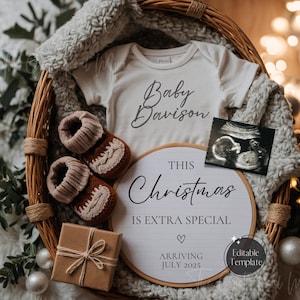 Einfache Weihnachtsschwangerschaftsankündigung, Boho Dezember Babyankündigung, digitale geschlechtsneutrale Enthüllung, EDITIERBARE Weihnachtsgeschenkvorlage
