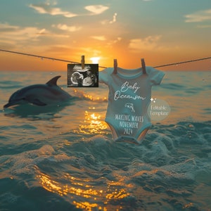 Dolphin Pregnancy Announcement, Summer Ocean Baby Announcement, Marine Diving Adventure, Beach Sunset Digital Editable Social Media Template