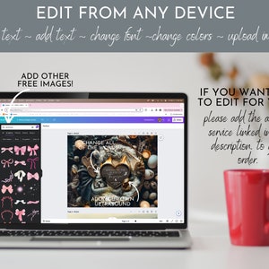 May include: A laptop computer displaying a web page with a design template for a baby announcement. The template features a dark background with a heart-shaped design and the text "Change all of the words" and "Add your own ultrasound". The laptop is on a table with a red mug.