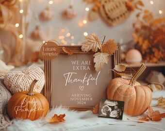 Faire-part de grossesse simple pour Thanksgiving, dévoilement neutre de bébé de novembre, saison automne automne, modèle de révélation numérique MODIFIABLE pour les médias sociaux