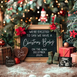 Weihnachten Digitale Schwangerschaftsankündigung, Boho Dezember Babyankündigung, Gender Neutral Baby Reveal, EDITIERBARE Kleine Weihnachtsgeschenkvorlage