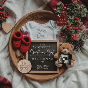 Einfache Weihnachtsschwangerschaftsankündigung, Boho Dezember Babyankündigung, digitale geschlechtsneutrale Enthüllung, EDITIERBARE Weihnachtsgeschenkvorlage