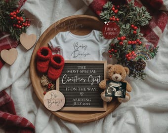 Simple Christmas Pregnancy Announcement, Boho December Baby Announcement, Digital Gender Neutral Reveal, EDITABLE Christmas Gift Template
