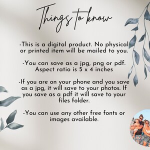 May include: A digital product information card with a white background and blue watercolour leaves. The text reads "Things to know" and includes information about the digital product, such as how to save it and the aspect ratio. The card also includes a photo of a family on a beach.