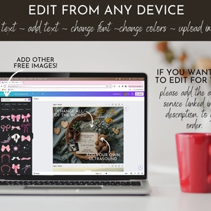 May include: A laptop computer displaying a web page with a design template for a baby shower announcement. The template features a teddy bear, baby shoes, and the text "Add Your Own Ultrasound". The laptop is on a table with a red mug.