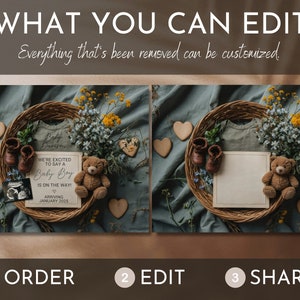 May include: A digital announcement for a baby boy's arrival. The announcement features a brown teddy bear, baby shoes, a baby ultrasound image, and a wooden sign with the text "We're excited to say a Baby Boy is on the way! Arriving January 2025".