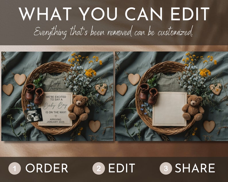 May include: A digital announcement for a baby boy's arrival. The announcement features a brown teddy bear, baby shoes, a baby ultrasound image, and a wooden sign with the text "We're excited to say a Baby Boy is on the way! Arriving January 2025".