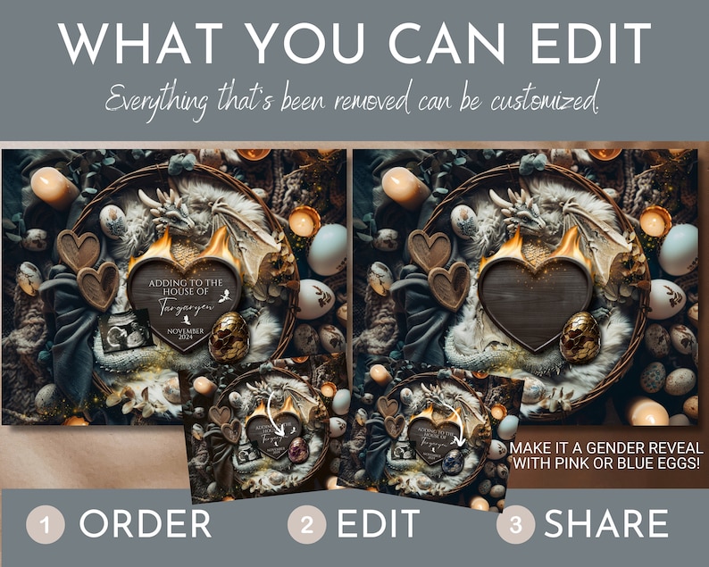 May include: A digital printable announcement for a baby's arrival. The design features a dragon's nest with eggs, a heart-shaped sign with the text "Adding to the House of Targaryen", and the date "November 2024".