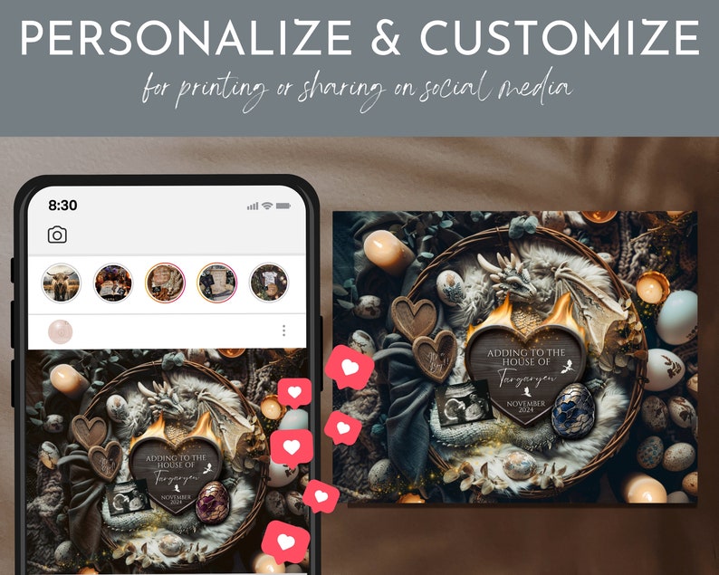 May include: A digital phone screen displaying a photo of a wooden heart with a dragon and the text "Adding to the House of Targaryen, November 2024". The photo is surrounded by small decorative eggs and candles.