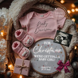Zwangerschapsaankondiging kerstmeisje, magische babyzusaankondiging, digitaal roze nieuwjaar gender Reveal, BEWERKBARE sjabloon december 2025