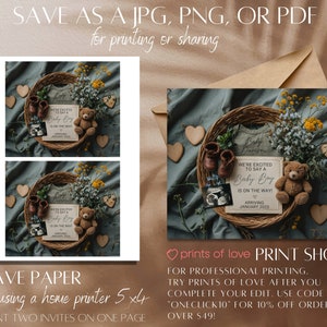 May include: A baby shower invitation with a blue background and a wicker basket filled with a baby onesie, a teddy bear, baby shoes, and a sign that says "We're excited to say a Baby Boy is on the way! Arriving January 2025".