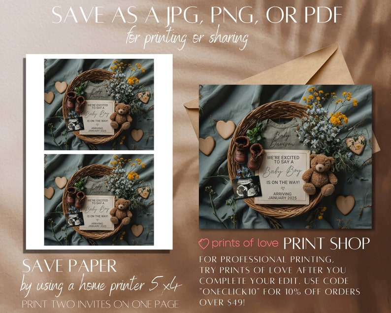 May include: A baby shower invitation with a blue background and a wicker basket filled with a baby onesie, a teddy bear, baby shoes, and a sign that says "We're excited to say a Baby Boy is on the way! Arriving January 2025".