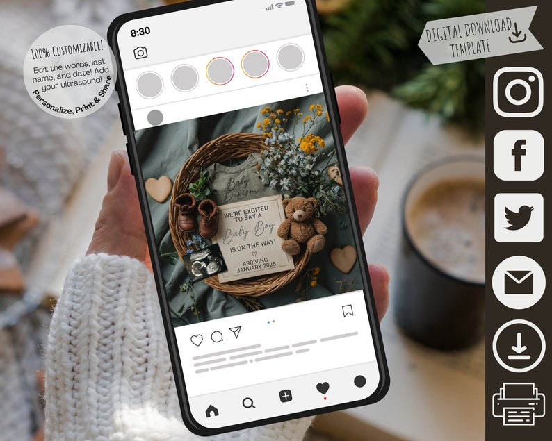 May include: A digital download template for a baby announcement on a smartphone screen. The announcement features a wreath with a teddy bear, baby booties, and a sign that reads "We're excited to say a Baby Boy is on the way! Arriving January 2025."