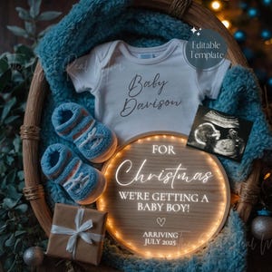 Zwangerschapsaankondiging kerstjongen, magische babybroeraankondiging, digitale blauwe geslachtsonthulling, eenvoudige bewerkbare sjabloon december juli