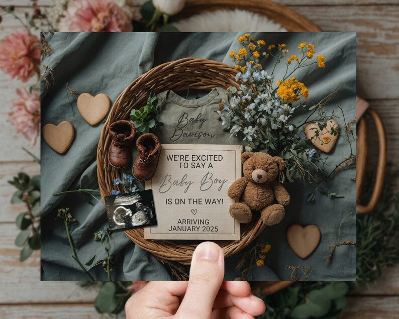 May include: A baby announcement card with a blue background and a wicker basket filled with flowers, a teddy bear, baby shoes, and a sonogram. The card reads "We're excited to say a Baby Boy is on the way! Arriving January 2025".