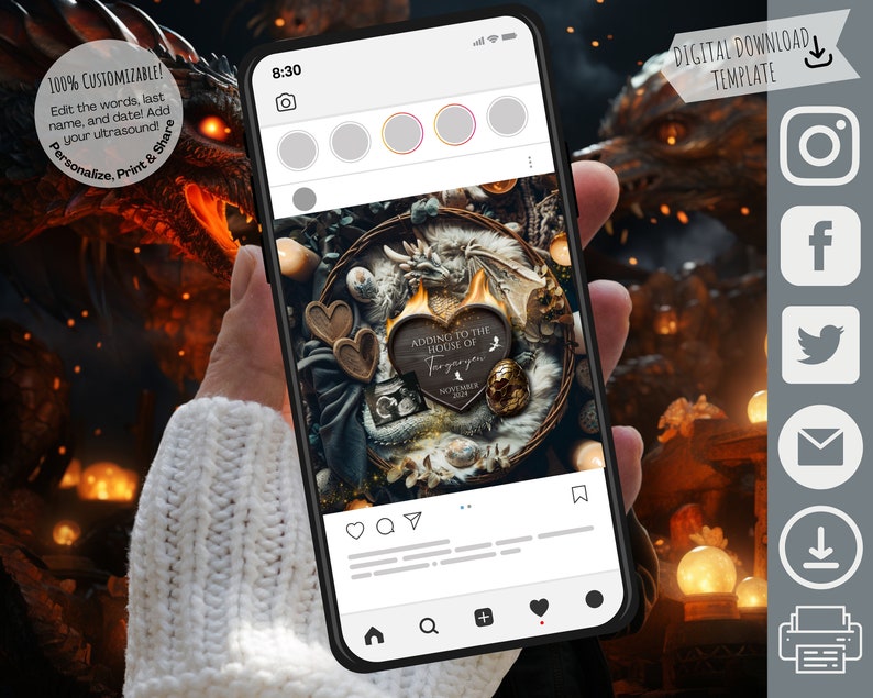 May include: A digital download template for a social media post announcing the addition of a baby to the family. The image features a dark background with a wooden sign that says "Adding to the House of Targaryen" with a heart and a dragon design. The sign is surrounded by a wreath of leaves, flowers, and dragon eggs.