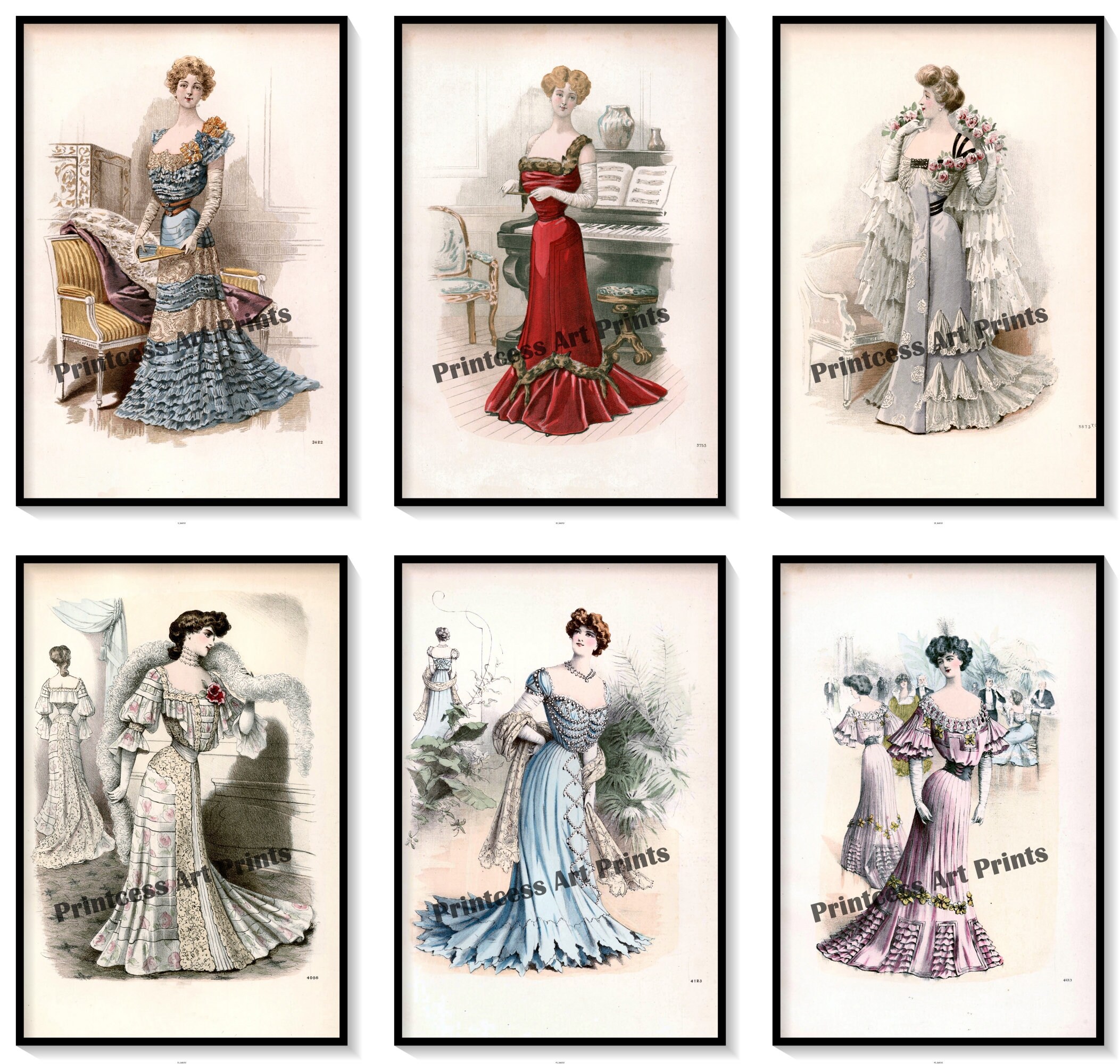 Victorian Fashion Illustrations Set of 6 Art Prints Women's Ballgowns,  Gorgeous Dresses 
