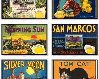 Vintage Lemon Crate Labels Set of 6 Art Prints Lemons Citrus Fruit