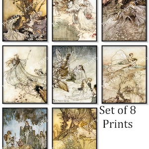 May include: Set of eight vintage illustrations featuring fairies and woodland creatures. The illustrations are in a whimsical style with delicate lines and muted colours. The illustrations are printed on paper and are ready to be framed.