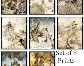 Arthur Rackham Midsummer's Night Illustrations Set of 8 Art Prints Pixies Elves Fairies