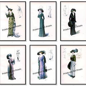 Edwardian Fashion Illustrations Set of 6 Art Prints Sleek 'n  Chic Vintage Gowns, Dresses