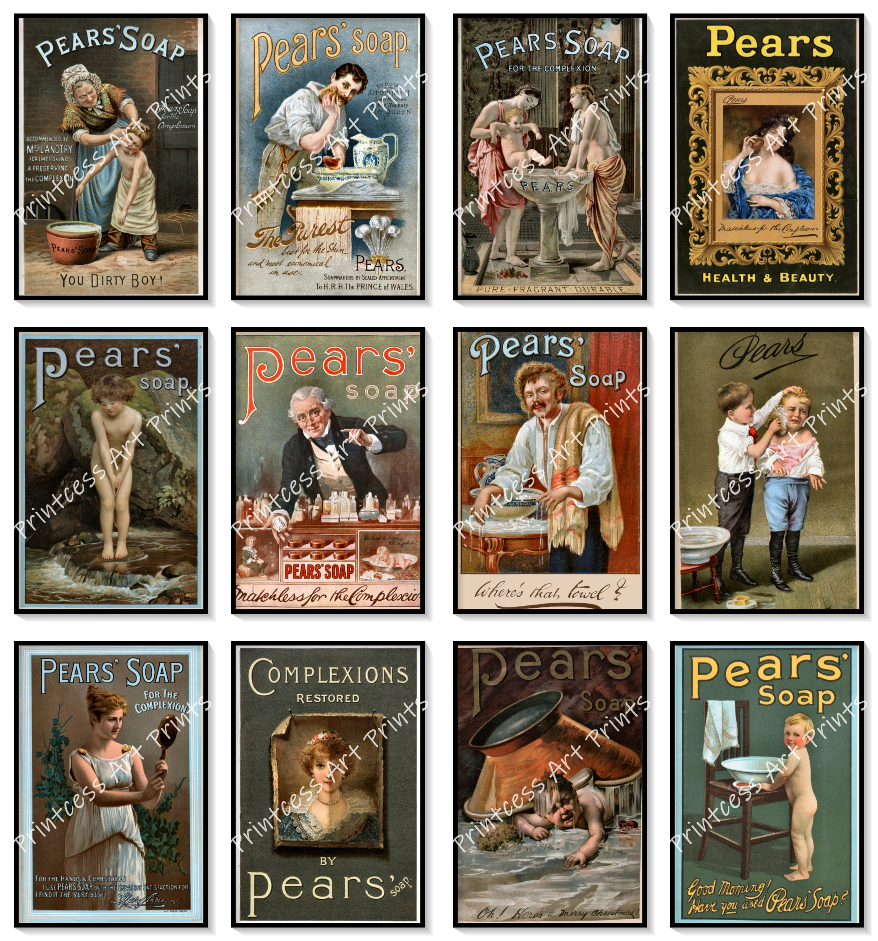 Pears' Soap アンティーク ガラス製 パネル 広告　昭和レトロ Set of 12 Prints Pear Soap Collectable Ads Vintage Advertising