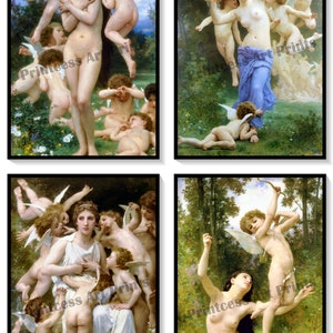 Classic 1800s Artist William Bouguereau Cupids & Angels Set of 4 Art Prints, Amazing Detail and Beauty
