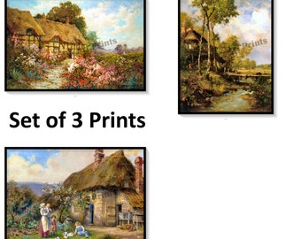 3 Prints, Anne Hathaway's Cottage, English Cottages, Old Thatch Roof Cottages