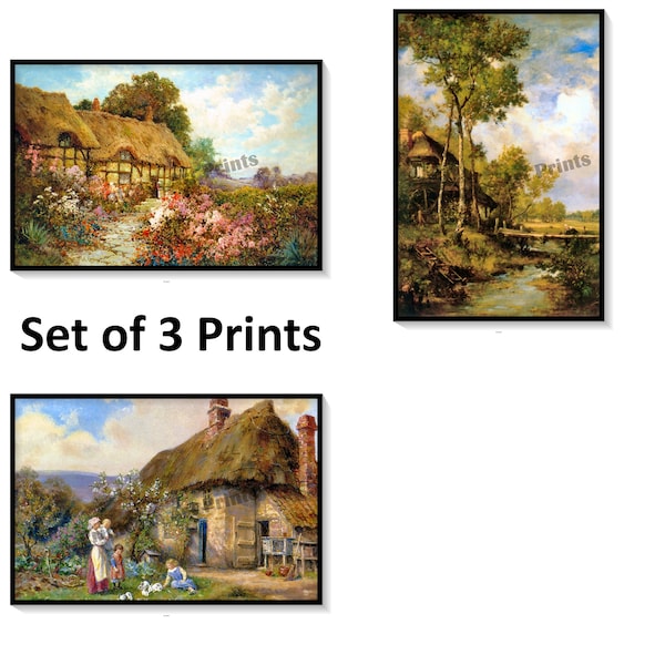 3 Prints, Anne Hathaway's Cottage, English Cottages, Old Thatch Roof Cottages