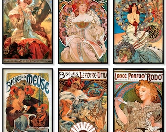 Láminas artísticas de Alphonse Mucha, conjunto de 6, carteles franceses de estilo Art Nouveau