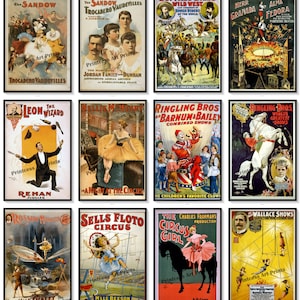 Juego de coleccionista de 12 impresiones de carteles publicitarios de circo antiguos surtidos