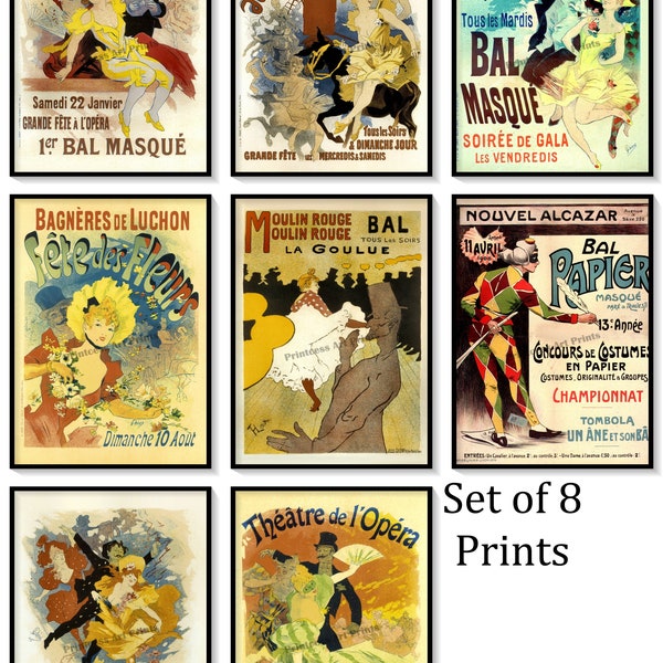 Burlesque Vintage French Poster Ads Set of 8 Art Prints Theatre Balls Dances