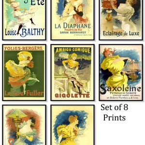 Art Deco Diva Dancing Theatre Girls, Burlesque Vintage French Poster Ads Set of 8 Art Prints