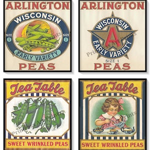 Pea Can Crate Labels, Arlington, Tea Table, Set of 4 Prints