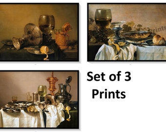 3 Prints, Still Life Classic Art, Gilt Cup, Food, Banquet Table, Stunning Vivid Detail