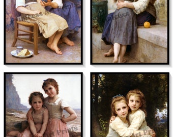 Little Sisters Set of 4 Prints, Classic 1800s Artist William Bouguereau