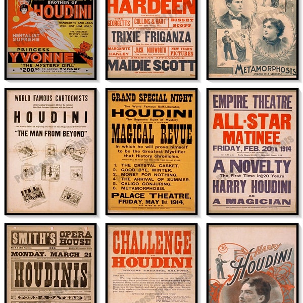 Set of 9 Vintage Magician Houdini Magic Show Poster Ads Prints