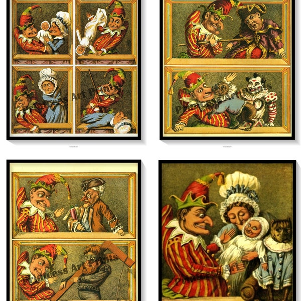 Punch and Judy Vintage Illustrationen 4er Set Kunstdrucke