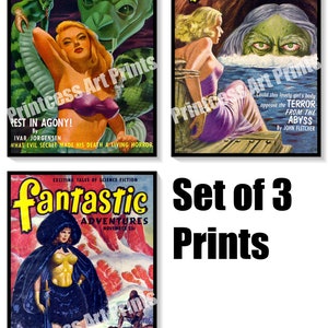 Fantastic Stories, 3 Prints, Vintage Sci Fi Comic Art, Science Fiction Graphics