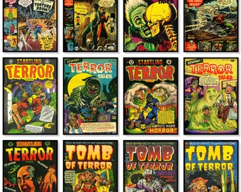 Impresiones de arte cómico de terror vintage, colección Terror, juego de 12