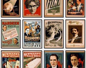 Conjunto de 12 impresiones de varios carteles vintage de magos para coleccionistas.