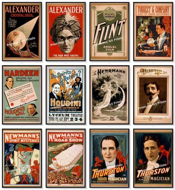 Collector Set of 12 Prints Various Vintage Magicians Poster Ads